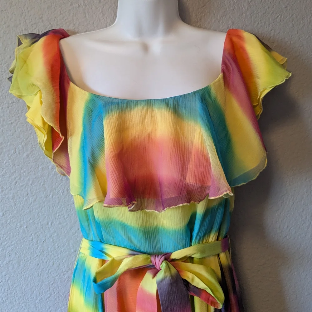 💥SALE💥 Alice + Olivia Vibrant Multicolor Rainbow Ruffle Dress 100% Silk Sz. M - Picture 5 of 13